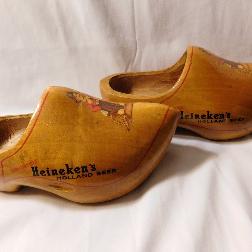Vintage Heineken Beer Holland Wooden Advertising Clogs Lot of 2